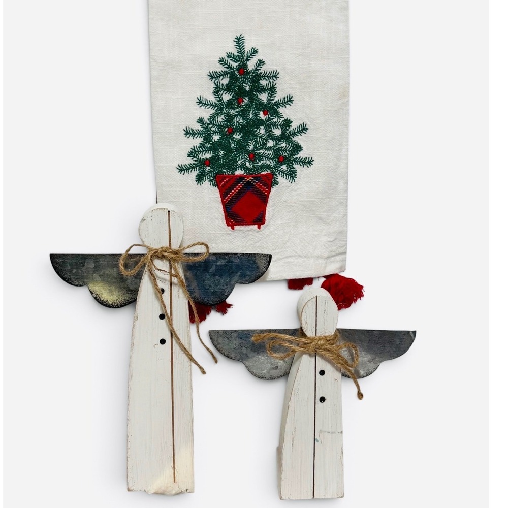 Twos Company Christmas Tree Tea Towel and Rustic Wooden Angel Figurine Set